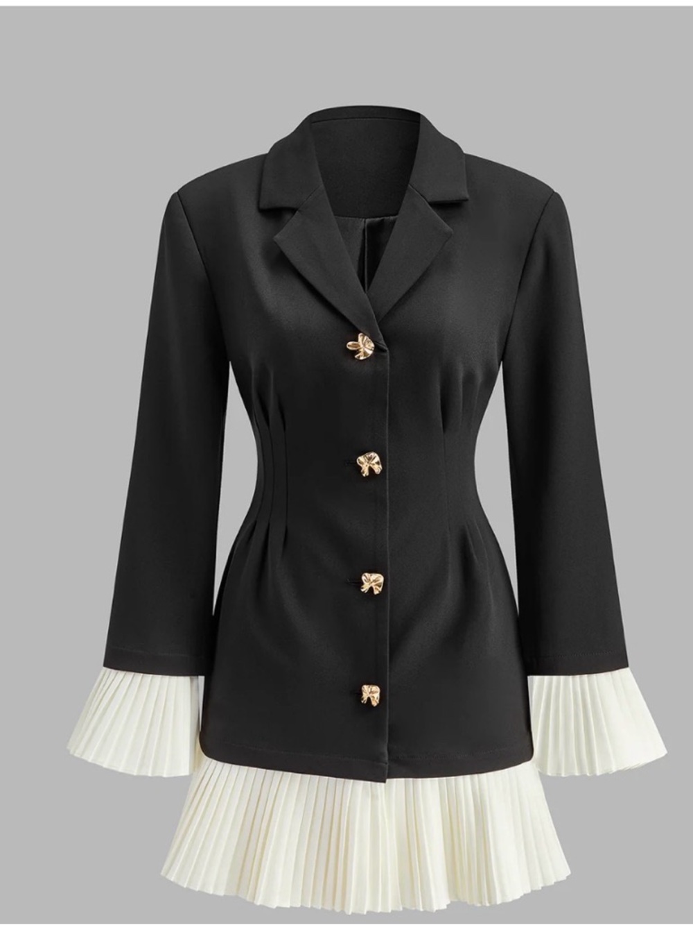 Commense Black Midi Dress with White Pleated Trim and Gold Buttons